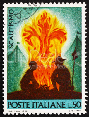 Postage stamp Italy 1968 shows Scouts at Campfire