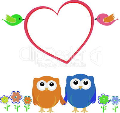 Valentine card with bird couple, owls and love heart. vector