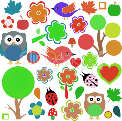 set birds and owls, trees and flowers vector background