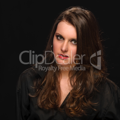 Fashion portrait brunette woman in black shirt