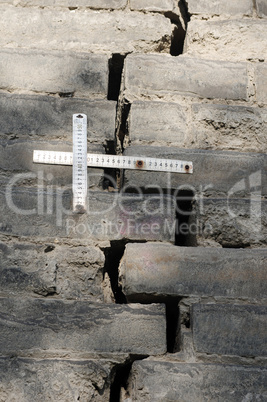 Rulers measuring the cracks in the brick wall