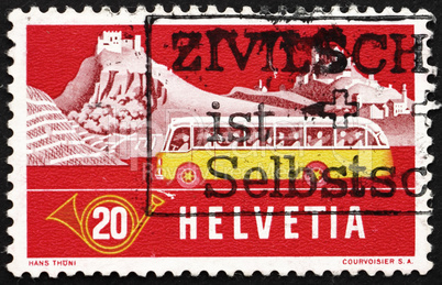 Postage stamp Switzerland 1953 Alpine Post Bus, Summer Backgroun