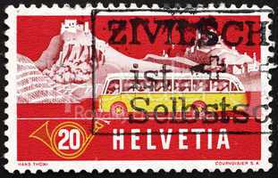 Postage stamp Switzerland 1953 Alpine Post Bus, Summer Backgroun
