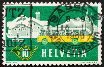 Postage stamp Switzerland 1953 Alpine Post Bus, Winter Backgroun