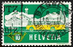 Postage stamp Switzerland 1953 Alpine Post Bus, Winter Backgroun