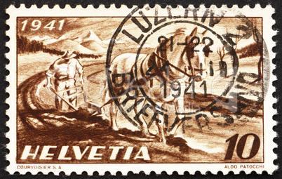 Postage stamp Switzerland 1941 Farmer Plowing