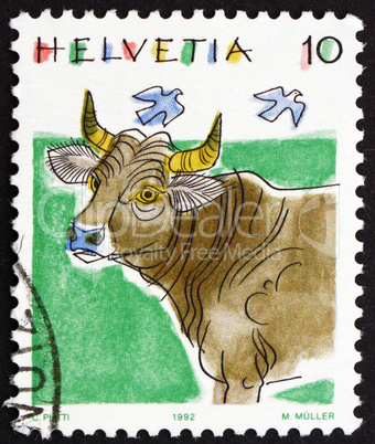 Postage stamp Switzerland 1992 Cow, Bos Taurus, Animal