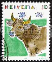 Postage stamp Switzerland 1992 Cow, Bos Taurus, Animal