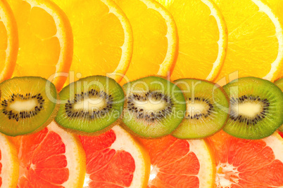 Drei Reihen mit Orange, Grafruit und Kiwischeiben