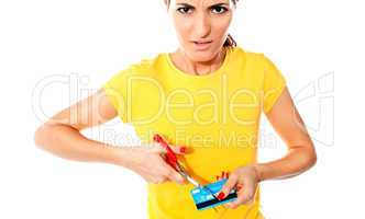Annoyed teen customer destroying credit card