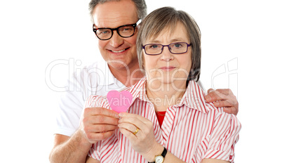 Matured smiling couple holding paper heart