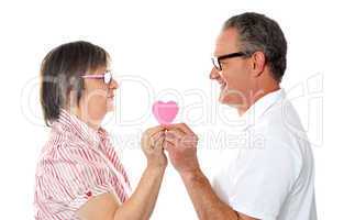 Aged couple holding paper heart. Smiling at each other