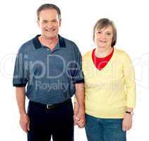 Loving senior couple posing with hand in hand
