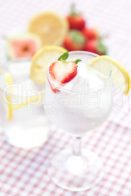 cocktail with ice,lemon, fig and strawberries on a plate