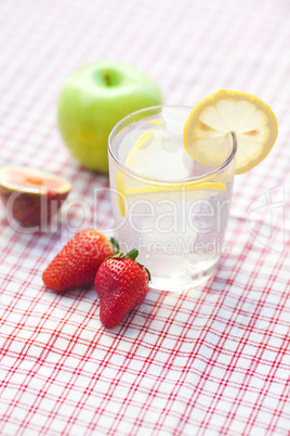 cocktail with ice,lemon,apple, fig and strawberries on a plate