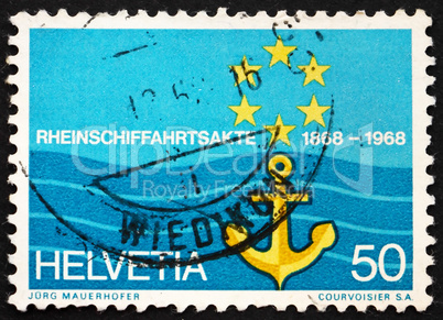 Postage stamp Switzerland 1968 Flag of Rhine Navigation Committe