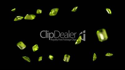 Emerald Diamonds US dollar symbol assembling with slow motion. Alpha is included