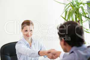 Businesspeople looking each other while shaking hands