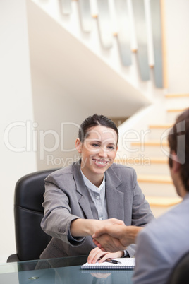 Businesswoman smiling while shaking hands