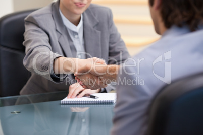 Businesspeople sitting while shaking hands