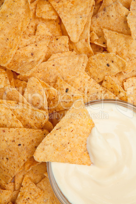 Bowl of dip surrounded by nachos