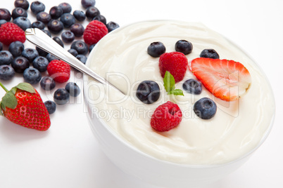 Bowl of cream with different berries