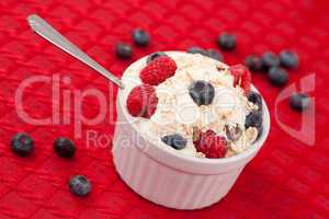 Pot of berries and whipped cream with spoon
