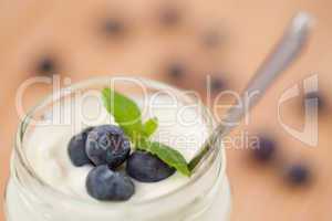 Close up of a pot of yoghurt with four leaves and blueberries