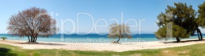 Panorama of beach at the luxury hotel, Thassos island, Greece