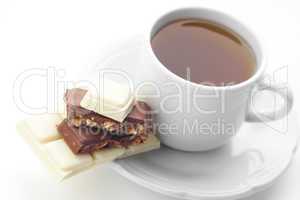 bar of chocolate and tea isolated on white