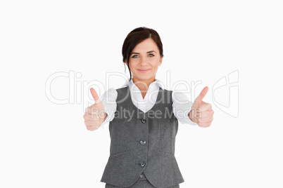 Young woman in suit the thumbs-up