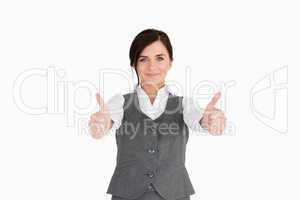 Young woman in suit the thumbs-up