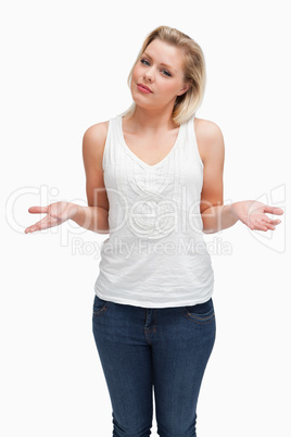 Attractive blonde woman extending her forearms