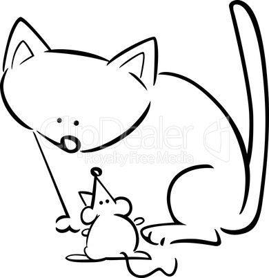 cartoon doodle of cat and mouse for coloring