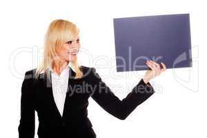Stylish woman holding up a grey card