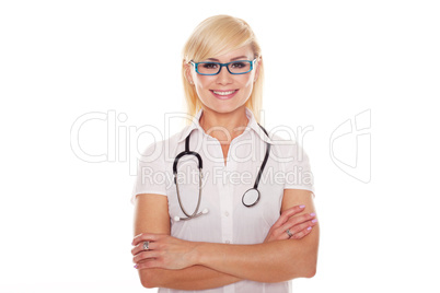 Young blonde attractive doctor with arms crossed