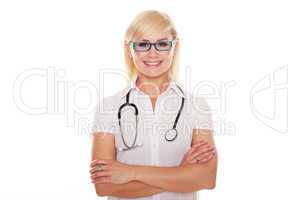 Young blonde attractive doctor with arms crossed