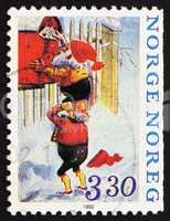 Postage stamp Norway 1992 Two Elf?s mailing Letters