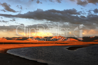 Landscape of Tibetan lakes at sunset