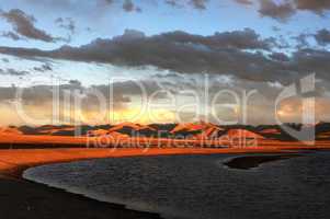 Landscape of Tibetan lakes at sunset