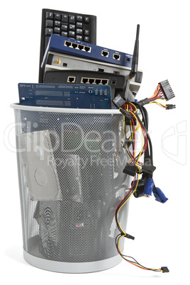 electronic scrap in trash can