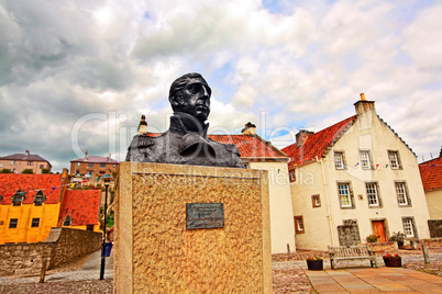 Streets of Culross, Fife, Scotland.  A bust of Thomas Cochrane.
