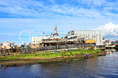 Girvan, Scotland, old harbour, renovation of an old ship.