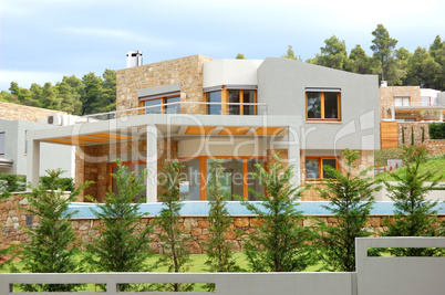 The luxury villa and green lawn, Halkidiki, Greece