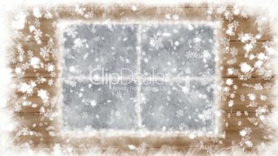 Christmas snow-covered window and falling snowflakes