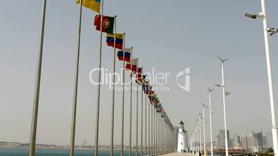 Banner flag & lighthouse and wind turbine & new power energy.