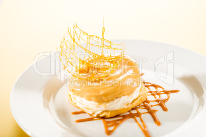 Delicious creamy dessert with caramel topping