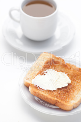 tea and toast with butter isolated on white