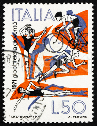 Postage stamp Italy 1971 shows Gymnastics, Cycling and Swimming,