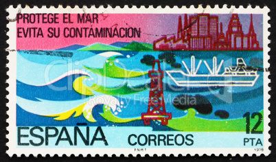 Postage stamp Spain 1993 Waves, Oil Rig, Tanker and City